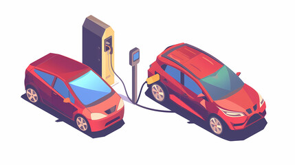 omparing electric car versus gasoline diesel car suv. Electric vehicle charging at charger stand vs. fossil car refueling petrol gas station.