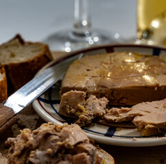 Foie gras fat liver specialty food product made of liver of a duck or goose fattened by gavage, force feeding, served in French restaurant in Perigoed, Dordogne, close up