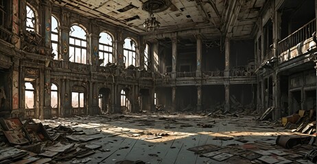 abandoned gothic palace house mansion building interior. post apocalyptic old castle ruins. large empty room with rubble, junk, and debris.