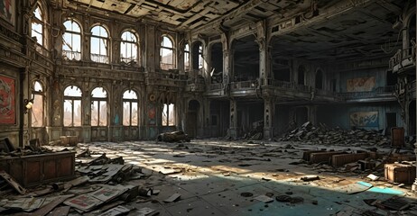 Fototapeta premium abandoned gothic palace house mansion building interior. post apocalyptic old castle ruins. large empty room with rubble, junk, and debris.