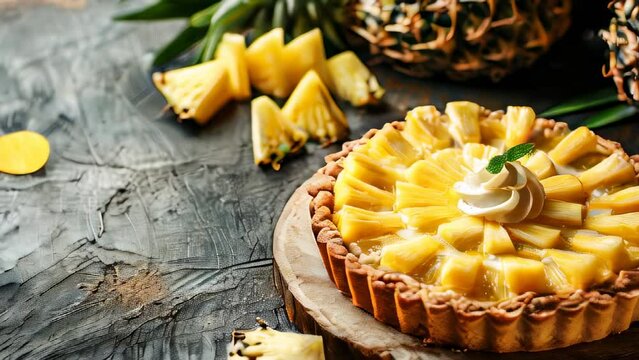 Fresh pineapple tart topped with whipped cream on rustic wooden table