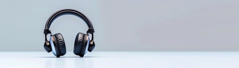Stylish black headphones on a light blue surface against a minimalistic grey background, perfect for music and tech-themed designs.