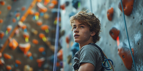 A young man practicing rock climbing on an indoor climbing wall, scaling with skill and concentration