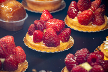 French cuisine, fresh baked iced raspberry cake with chantilly cream, sweet dessert