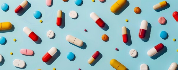 Various colorful pharmaceutical pills and capsules on a blue background. Healthcare and medicine concept