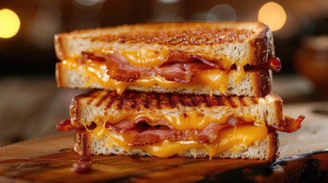 A grilled cheese sandwich with bacon on a wooden cutting board. AIG51A. - Powered by Adobe