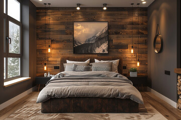 Cozy bedroom with wooden wall and scenic view