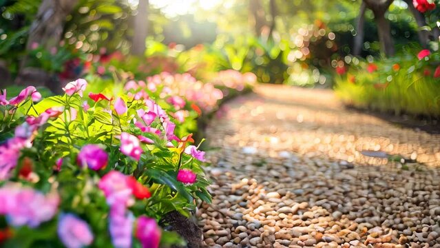 Sunny garden with gravel path and colorful flowers