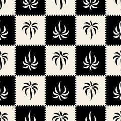 Checkered pattern with stylish palm tree print. vector seamless pattern