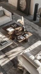 Modern living room sofa area soft outfit, magazine style photography