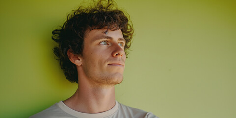 Relaxed man portrait on lime green background, a natural portrait of a man expressing relaxed