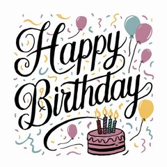 A greeting card with a colorful illustration of a group of multi-colored balloons with the inscription "HAPPY BIRTHDAY" and a birthday cake with candles

