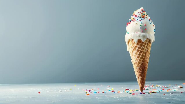 Ice cream cone with sprinkles on gray background