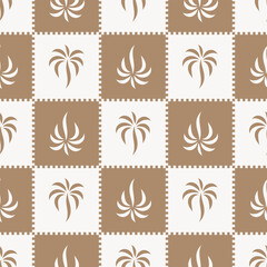 Checkered pattern with stylish palm tree print. vector seamless pattern in ocre
