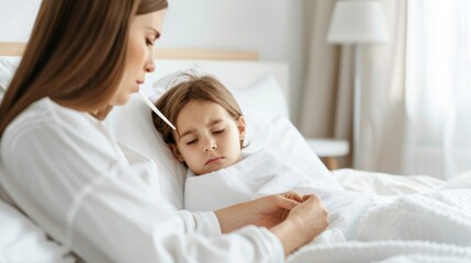 Fototapeta premium Caring Mother Checking Sick Child's Temperature at Home