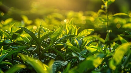 Obraz premium Lush Japanese tea garden plants, close-up, sunset glow, vivid greens, clear focus, zen