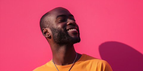 Obraz premium Happy man portrait on hot pink background, a natural portrait of a man expressing happy