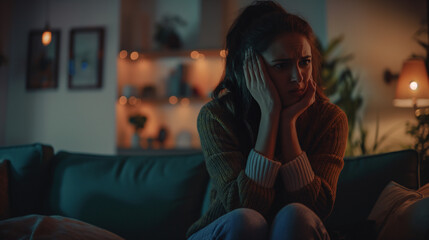 Obraz premium Woman experiencing a panic attack sitting alone on a couch