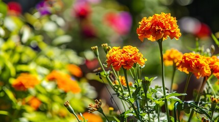 Bright summer flowers in seasonal setting, close view, midday sun, sharp focus, vibrant hues 
