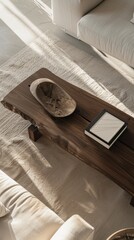 Modern living room sofa area soft outfit, magazine style photography