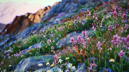Patch of alpine garden blooms, macro perspective, soft dawn light, lively colors, tranquil, rugged terrain 