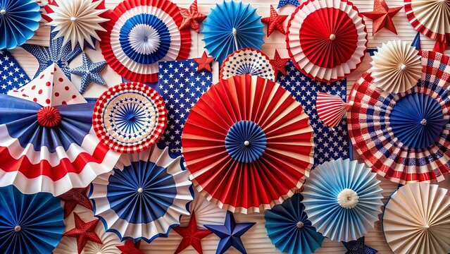 Vibrant patriotic display featuring star-spangled paper fans, pinwheels, and decorative banners in red, white, and blue hues, evoking american independence spirit.