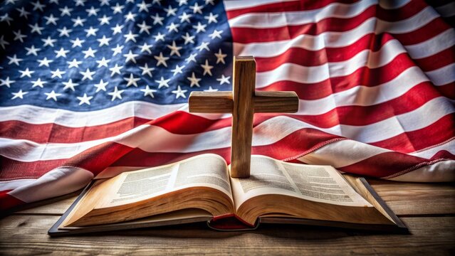Patriotic symbol with open holy bible and wooden cross centered on a folded american flag background, conveying faith and national pride.