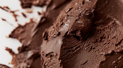 Indulgent dark chocolate ice cream, a closeup image of indulgent dark chocolate ice cream, its deep color and smooth texture set against a white backdrop