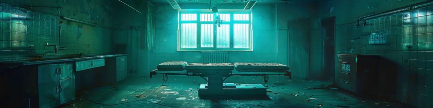 Abandoned morgue room with a neon-lit operating table, futuristic and eerie atmosphere with window light creating dramatic shadows