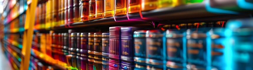 A bookshelf filled with colorful books, holographic images of library shelves, and an out of focus background