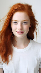 Naklejka premium closeup portrait of amazing young red hair woman attractive appearance isolated over colorful background