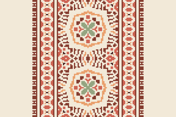 Traditional Floral pixel art seamless pattern. Vector Design for fabric, tile, embroidery, carpet, background, and wallpaper.
