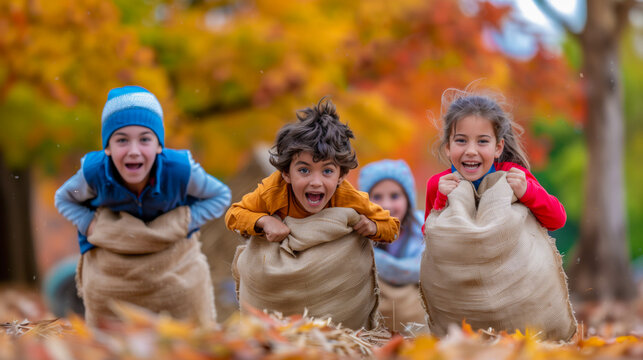 Excited children participating in a sack race during autumn
