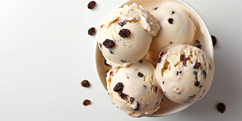 Decadent dark rum and raisin ice cream, an image of decadent dark rum and raisin ice cream, its creamy texture and rum-soaked raisins against a white backdrop, ideal for showcasing indulgent