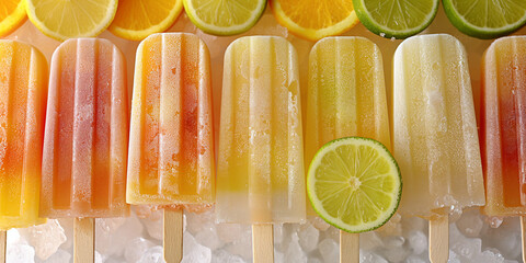 A closeup of a summer citrus popsicle array, their orange, lemon, and lime hues vibrant against a white background. the image captures the essence of summer with a chic and stylish presentation