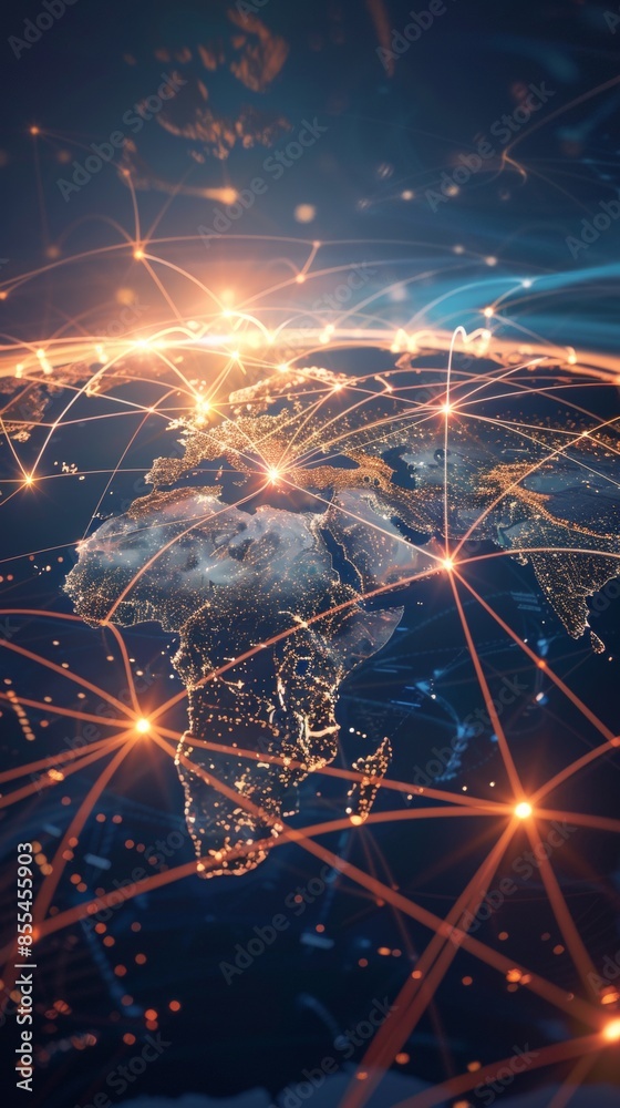 Poster a global map with pulsating beams of light representing major data arteries, converging on cloud hub