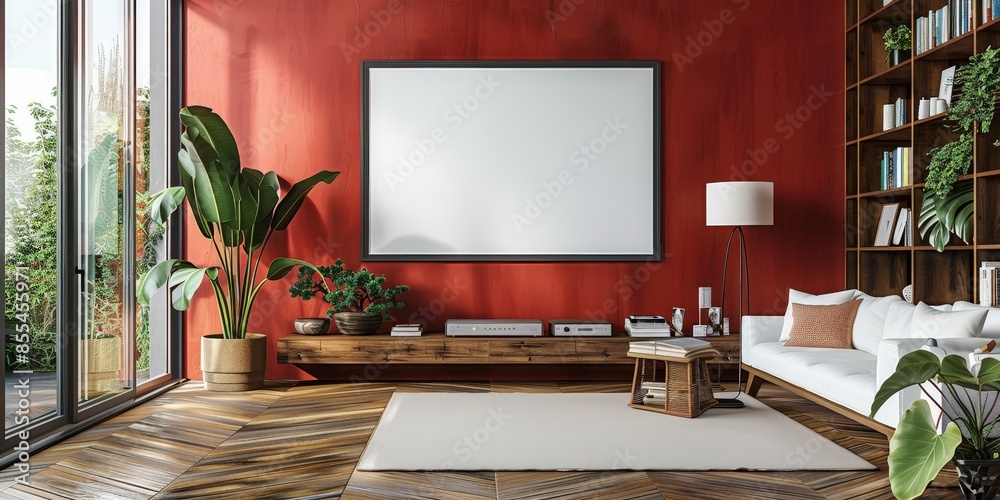 Sticker modern living room with red wall and large empty frame