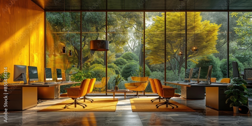 Wall mural Modern Office with a View of a Lush Forest