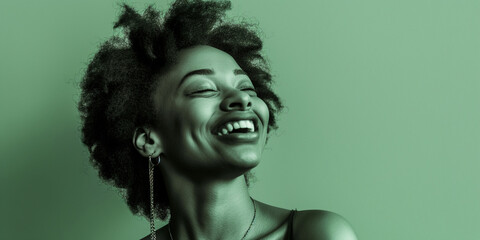 Joyful woman portrait on green background, a natural portrait of a woman expressing joyful