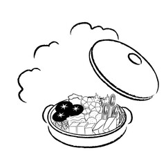 あったかほかほかお鍋のイラスト　モノクロ蓋つき