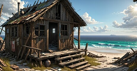 abandoned shack hut exterior on beach ocean coast in summer. old wood house cabin by sea and water waves.