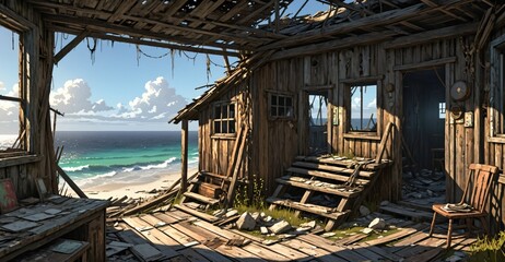 abandoned shack hut interior on beach ocean coast in summer. old wood house cabin by sea and water waves.