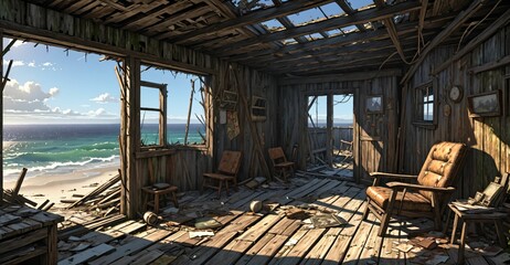 abandoned shack hut interior on beach ocean coast in summer. old wood house cabin by sea and water waves.