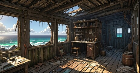 abandoned shack hut interior on beach ocean coast in summer. old wood house cabin by sea and water waves.