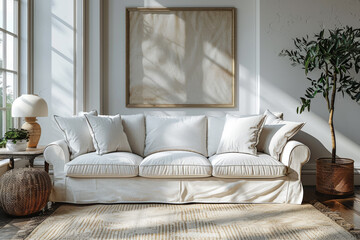 Fototapeta premium White Living Room with Sofa and Plants