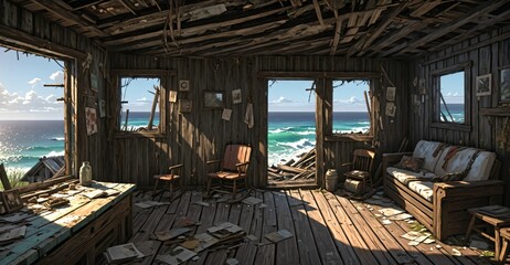 Fototapeta premium abandoned shack hut interior on beach ocean coast in summer. old wood house cabin by sea and water waves.