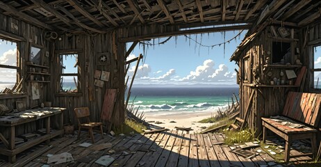 abandoned shack hut interior on beach ocean coast in summer. old wood house cabin by sea and water waves.