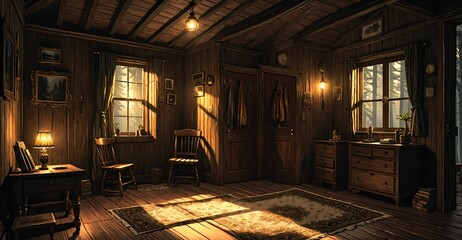 interior of modern cabin living room in secluded forest woods. furniture interior design and decor of mansion house lodge with glass window walls and wood floor roof.