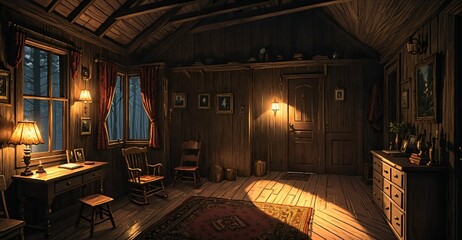 interior of modern cabin living room in secluded forest woods. furniture interior design and decor of mansion house lodge with glass window walls and wood floor roof.