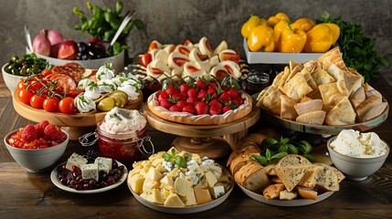 A vibrant display of various Italian foods including Gelato, Focaccia, and Mozzarella di Bufala beautifully arranged on a rustic table.